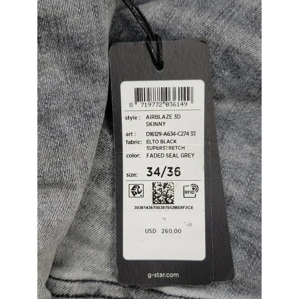 G-Star Raw Mens Sz 34/36 Airblaze Skinny Jeans Antic Faded Radium Gray $260 New